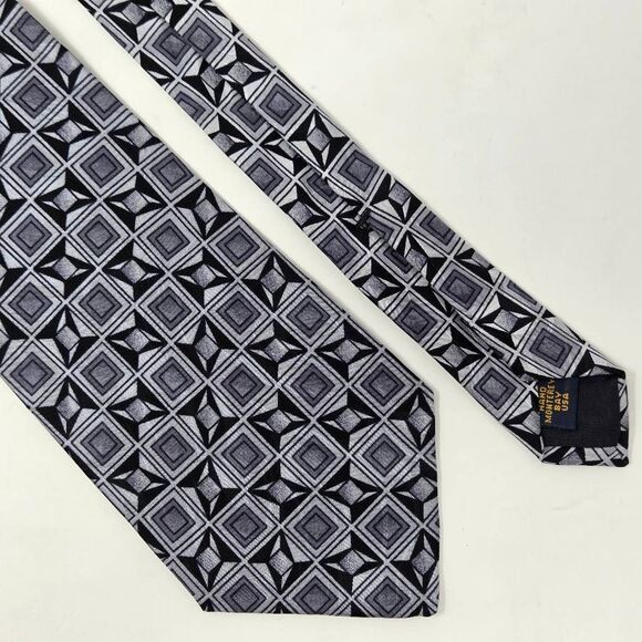 J BLADES SILK TIE MADE BY HAND BLACK GRAY GEOMETRIC SQUARES SATIN 4" X 57" - Picture 1 of 3